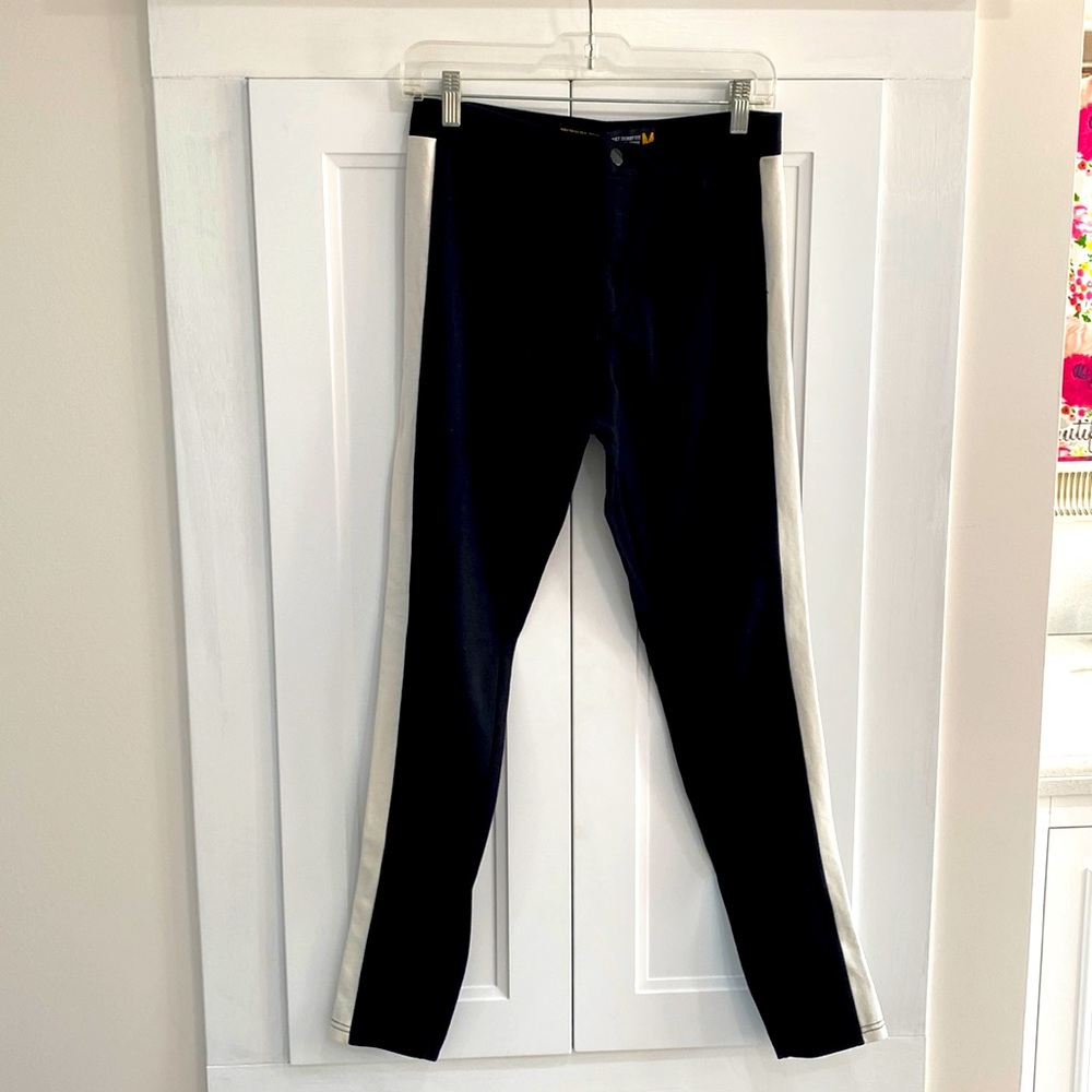 Skinny-fit full-length black pants-zipper front and white stripes down sides!